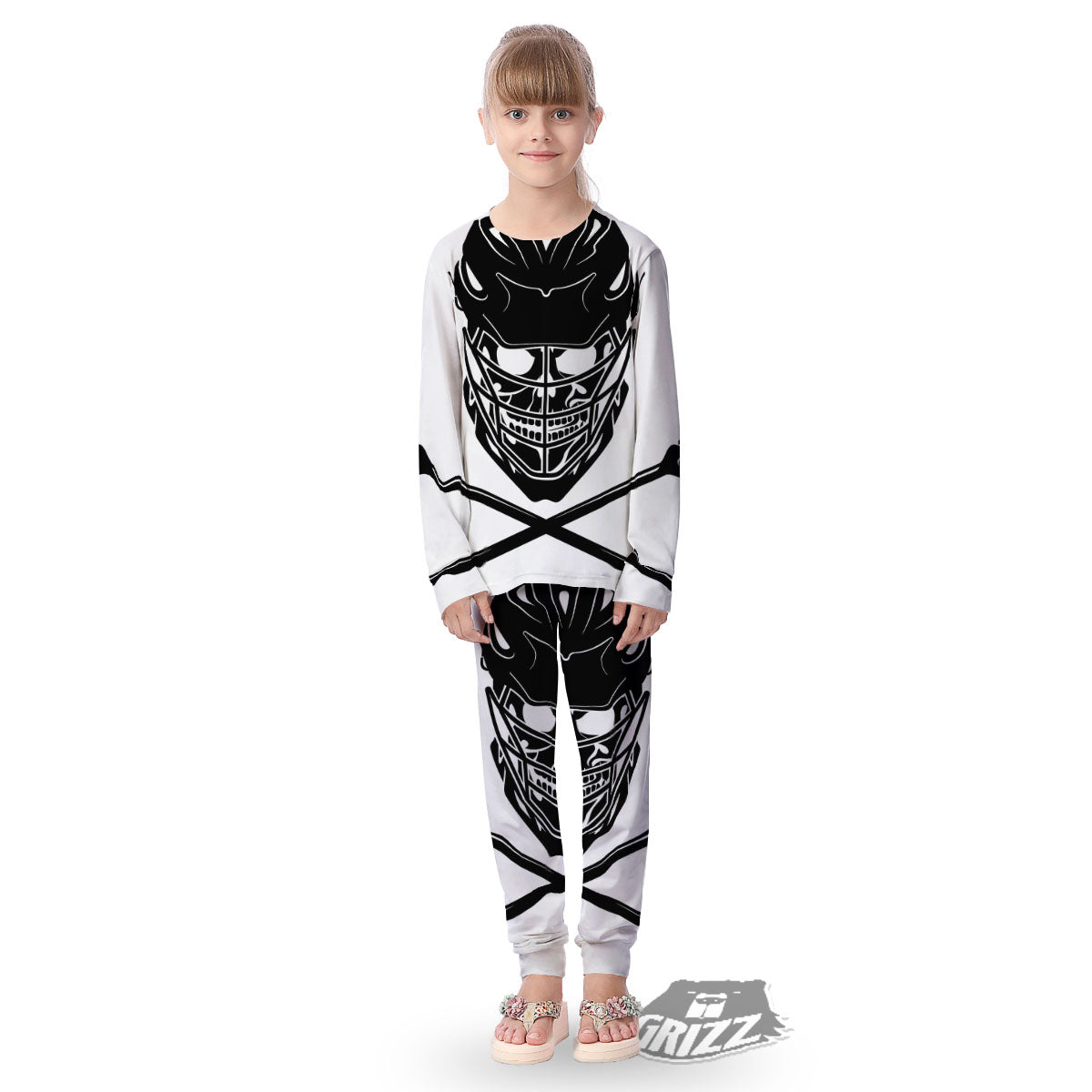 Skull Lacrosse Print Kid's Pajamas-grizzshop