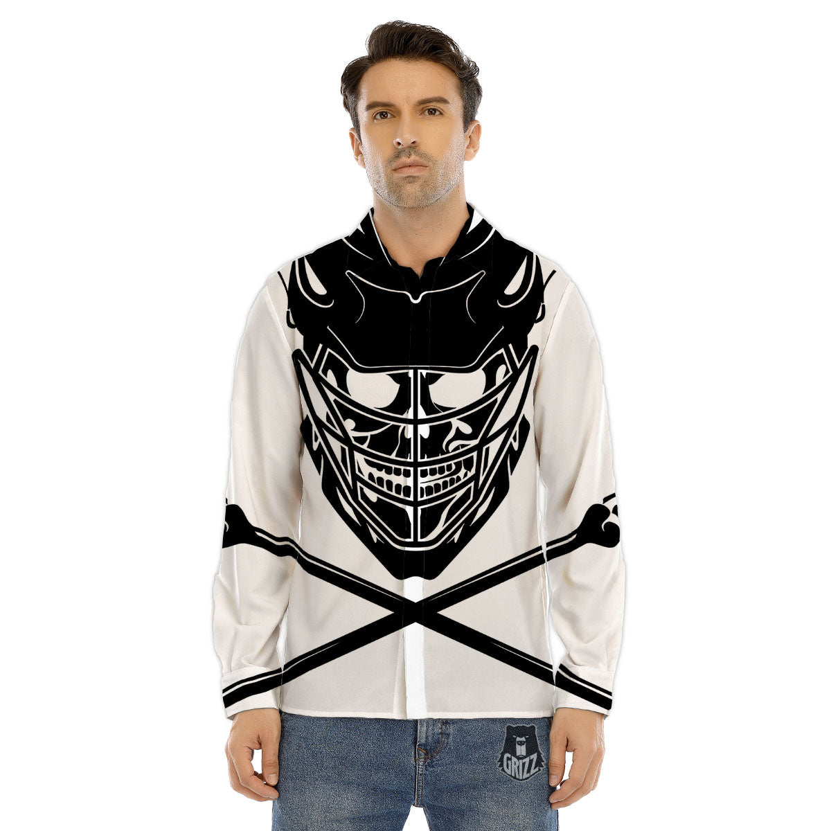 Skull Lacrosse Print Men's Dress Shirts-grizzshop