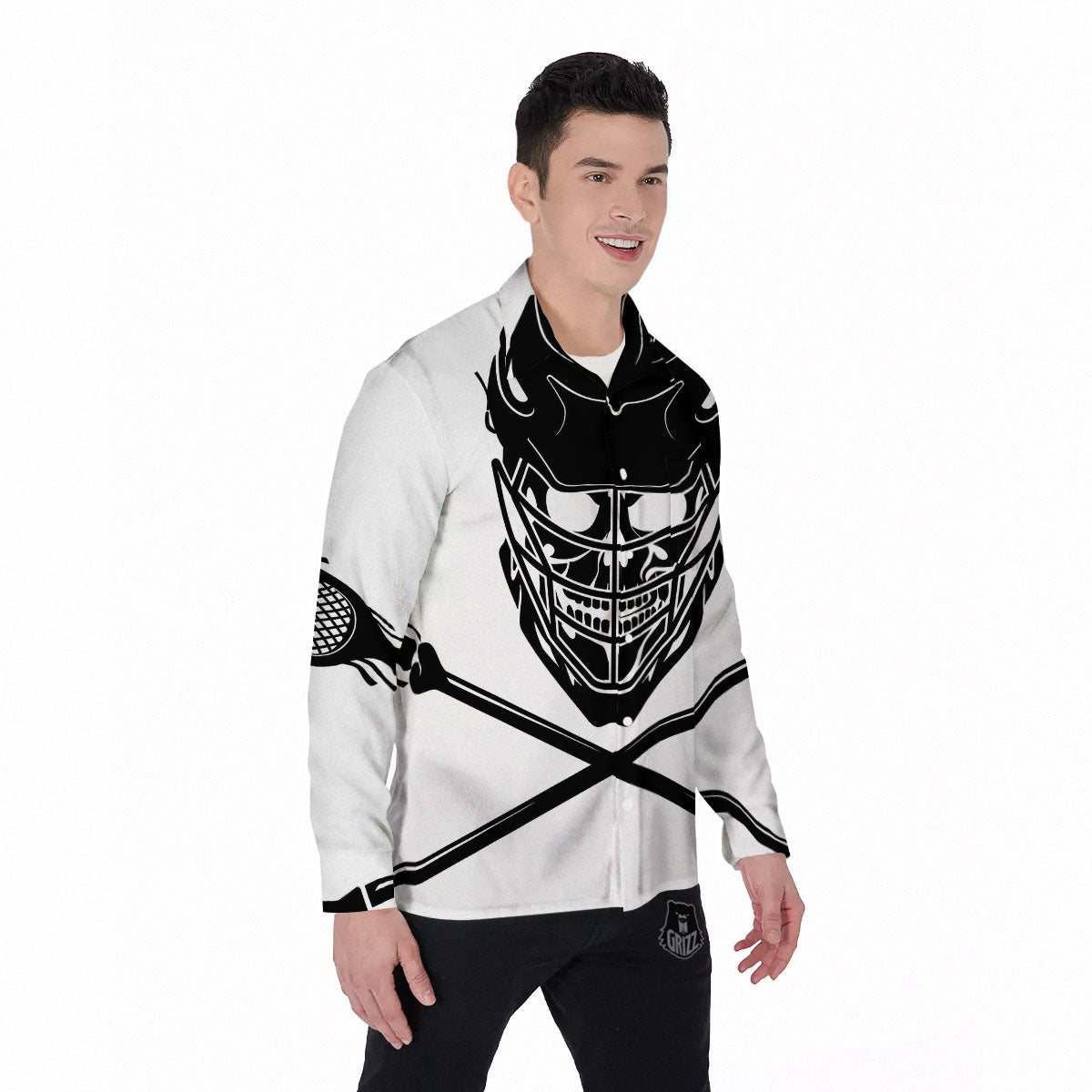 Skull Lacrosse Print Men's Long Sleeve Shirts-grizzshop