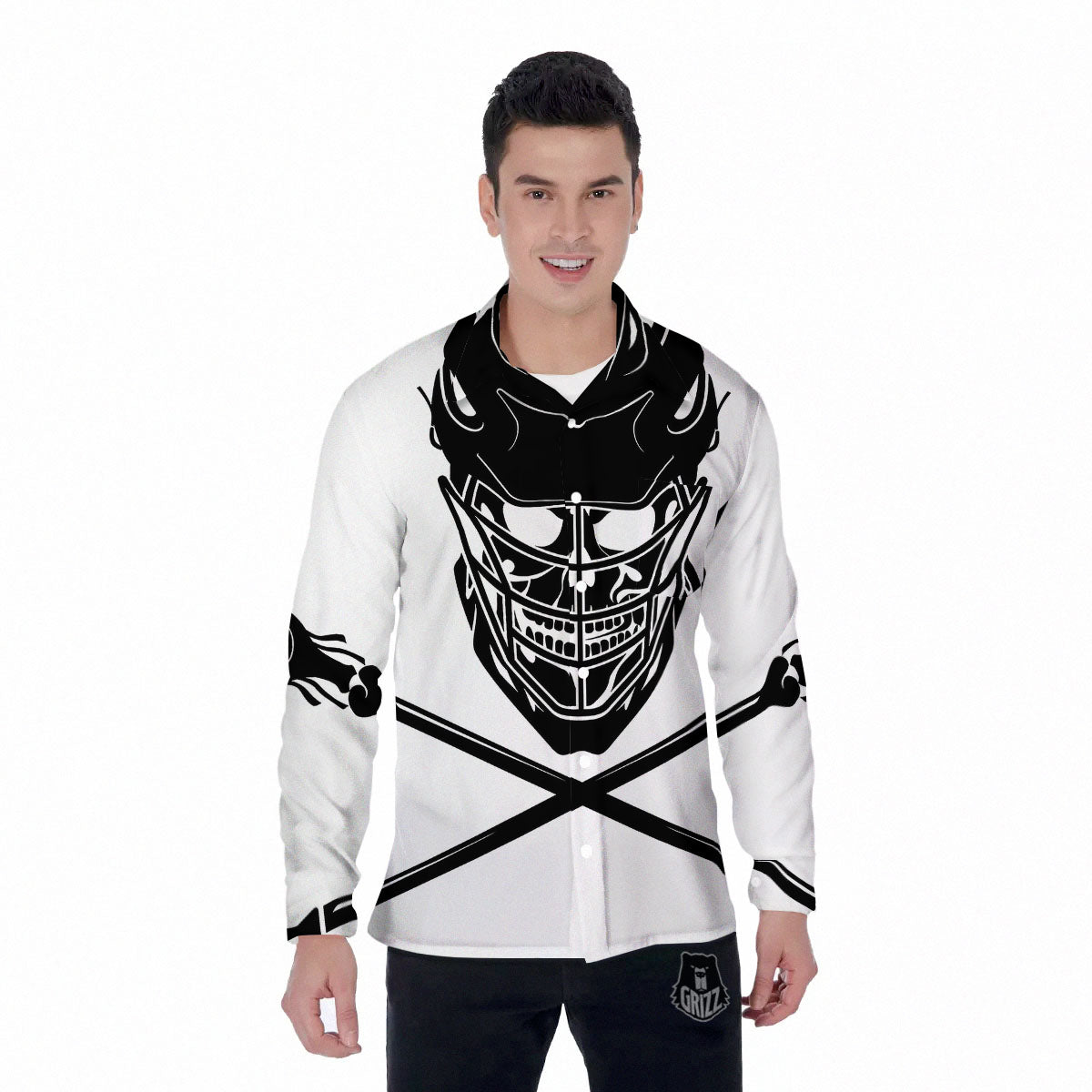 Skull Lacrosse Print Men's Long Sleeve Shirts-grizzshop