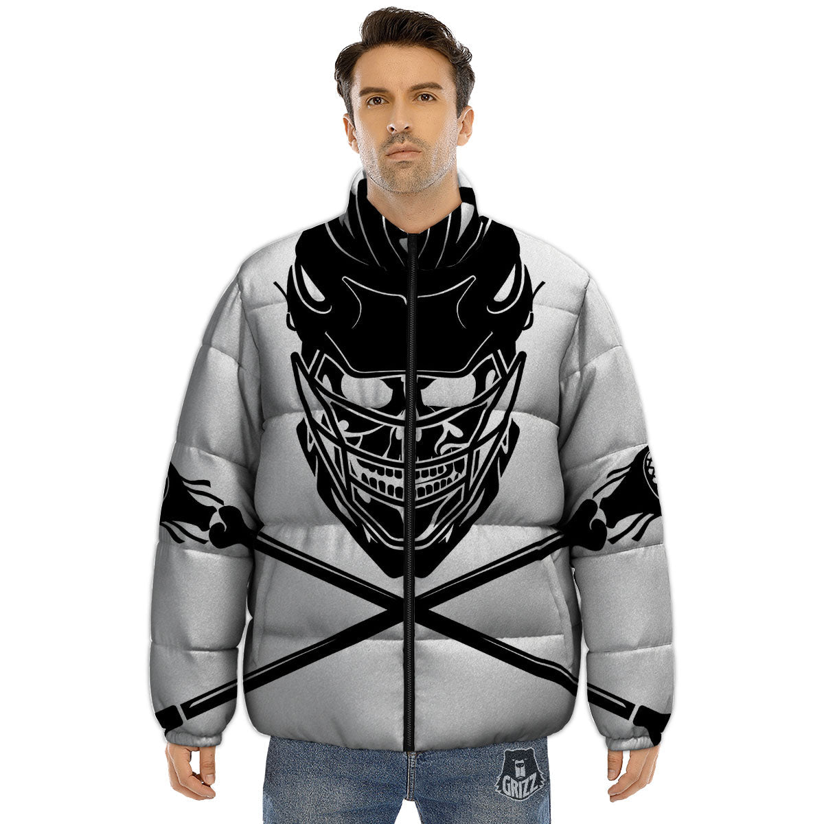 Skull Lacrosse Print Puffer Jacket-grizzshop