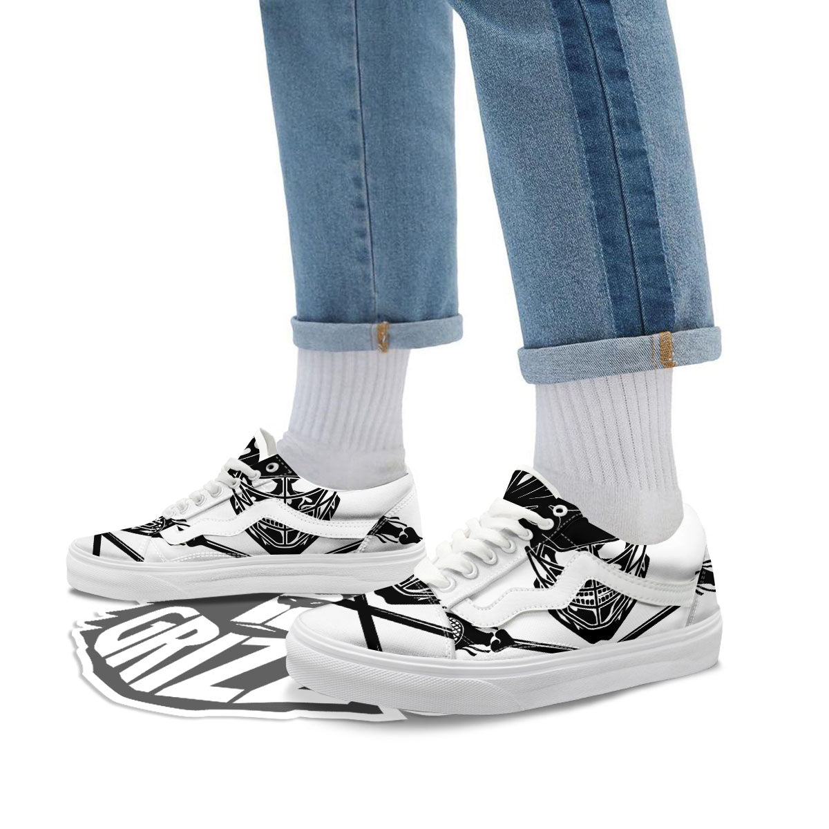 Skull Lacrosse Print Skate Shoes-grizzshop