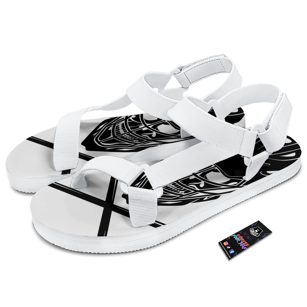 Skull Lacrosse Print White Open Toe Sandals-grizzshop