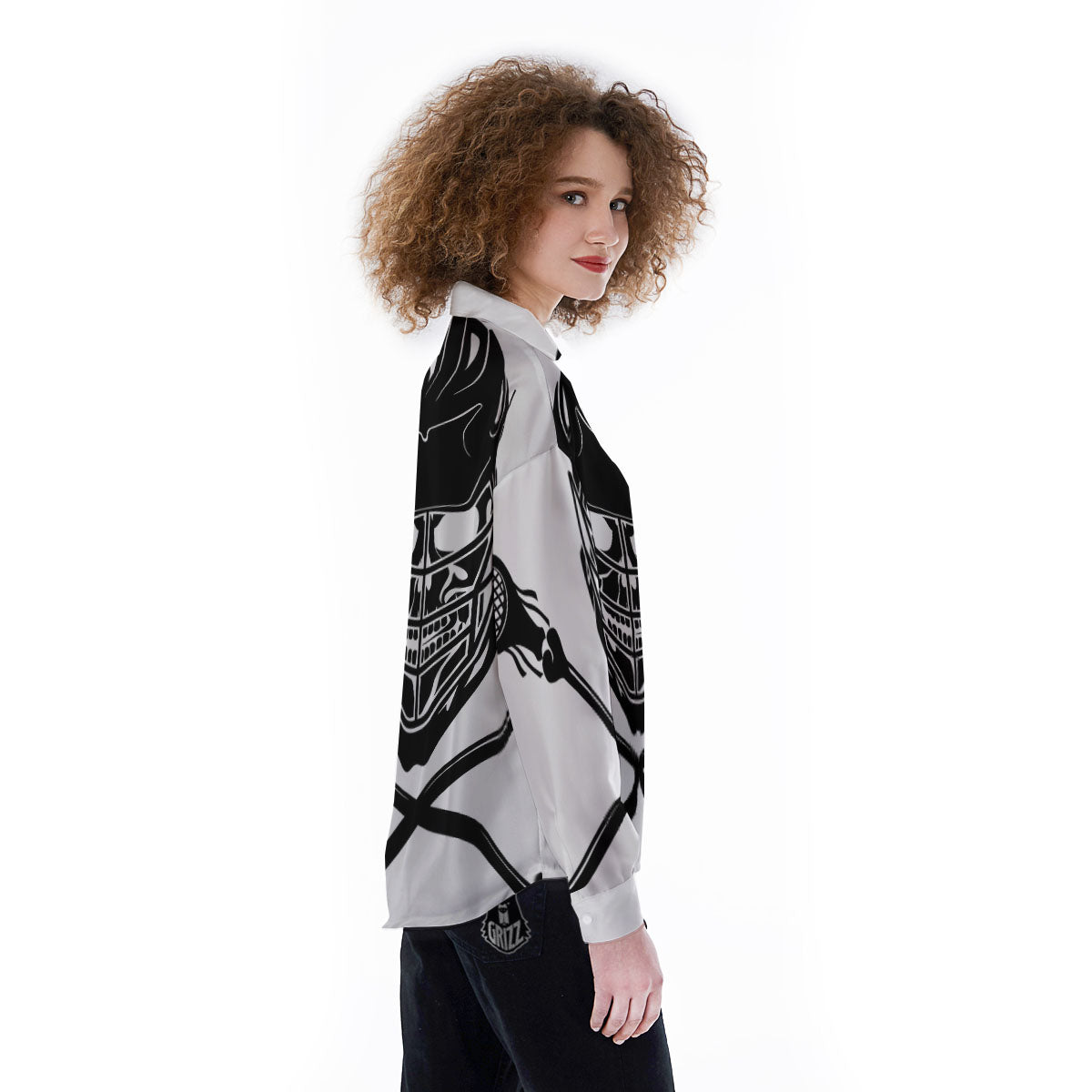 Skull Lacrosse Print Women's Long Sleeve Shirts-grizzshop