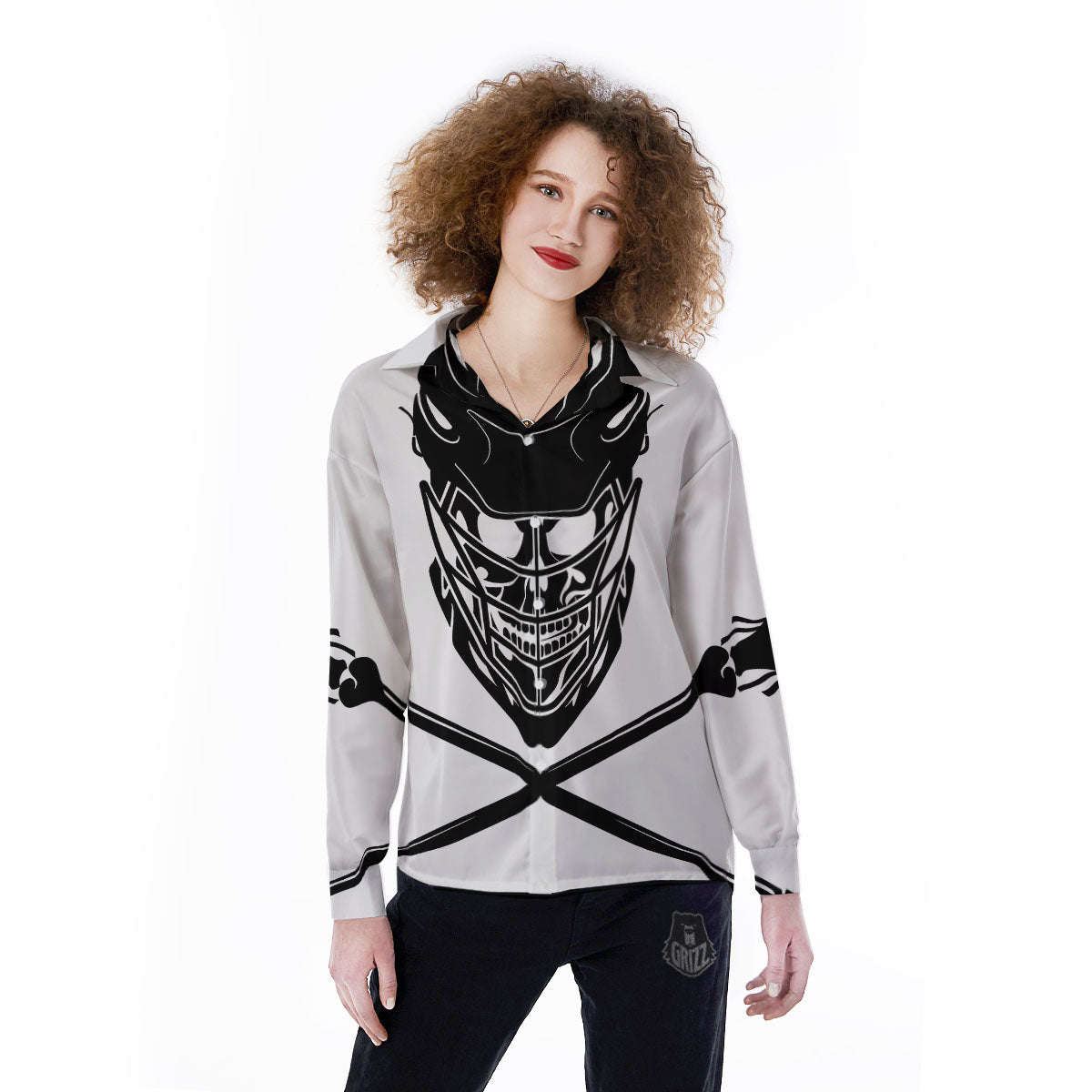 Skull Lacrosse Print Women's Long Sleeve Shirts-grizzshop