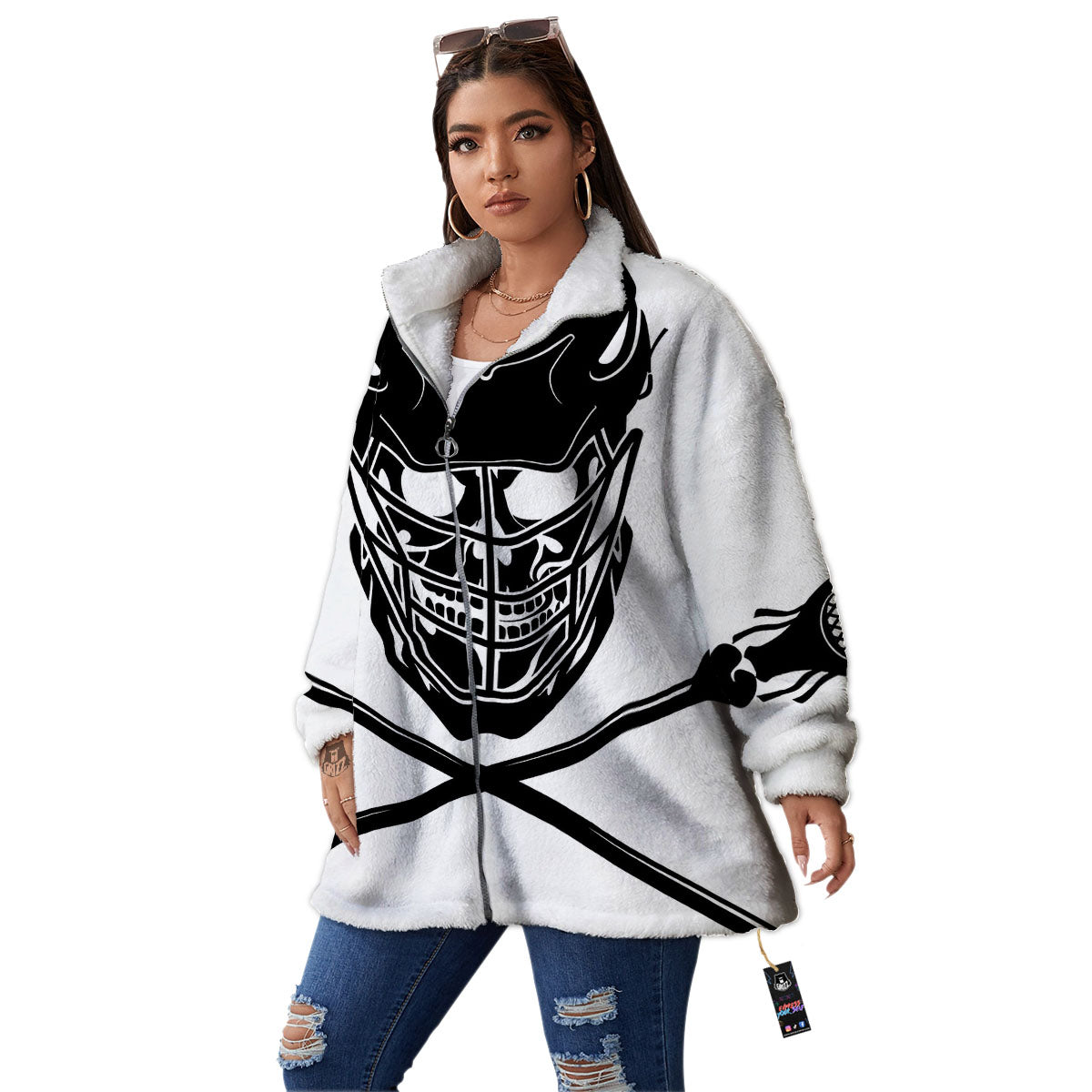 Skull Lacrosse Print Women's Sherpa Jacket-grizzshop