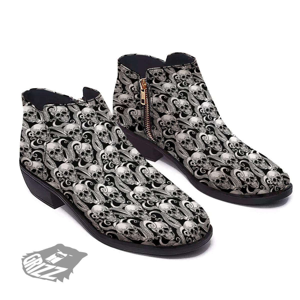 Skull Octopus Tentacles Print Pattern Ankle Boots-grizzshop