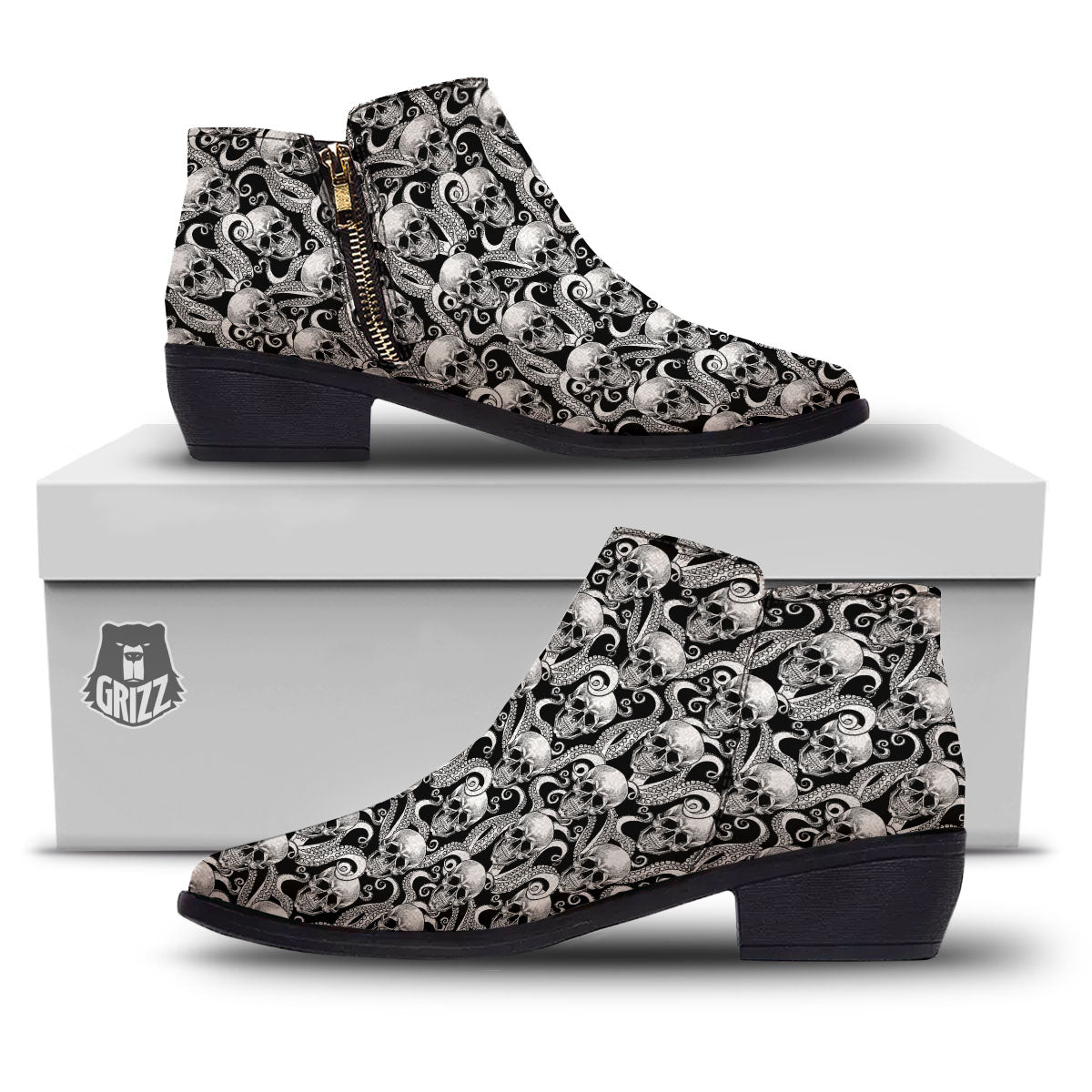 Skull Octopus Tentacles Print Pattern Ankle Boots-grizzshop