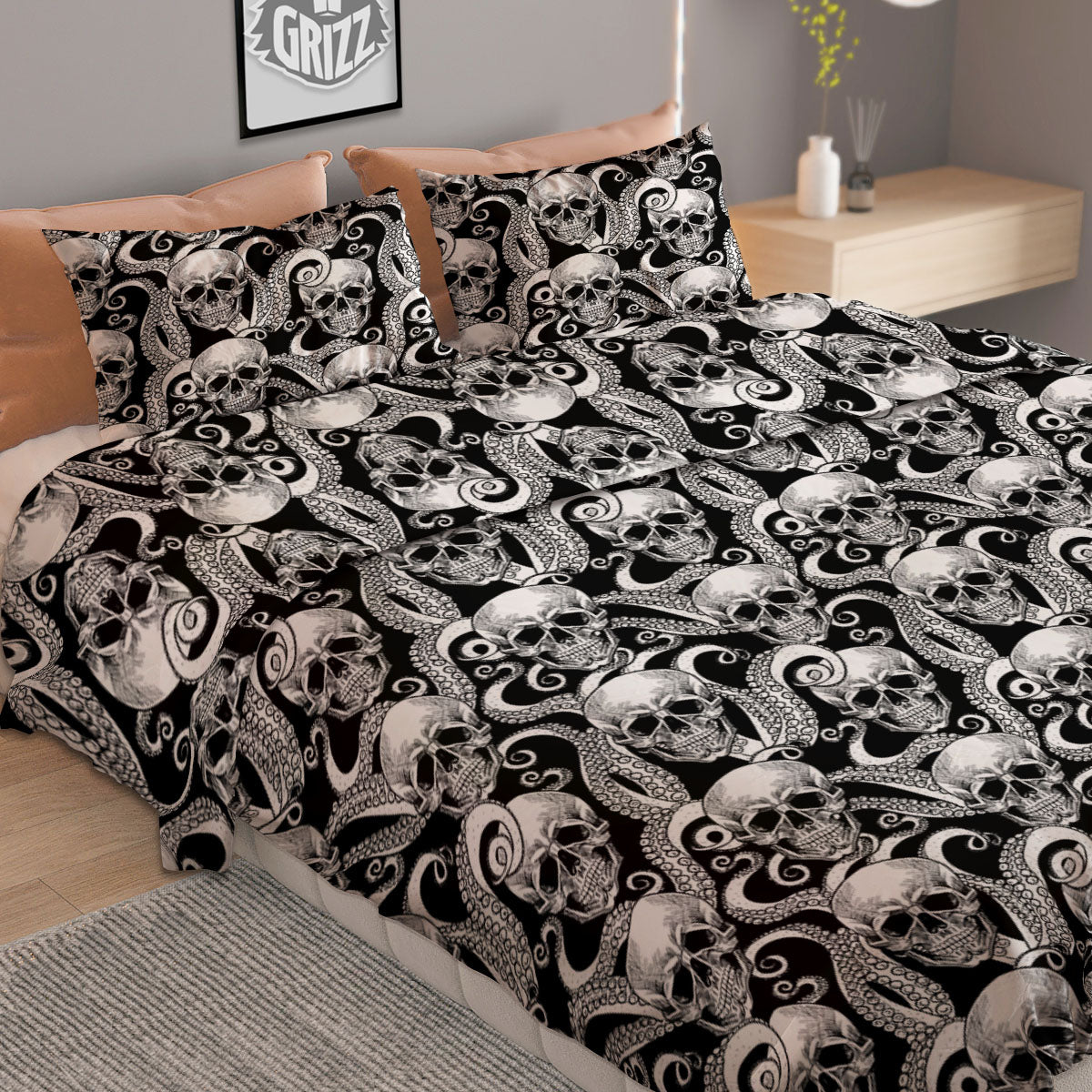 Skull Octopus Tentacles Print Pattern Duvet Cover Bedding Set