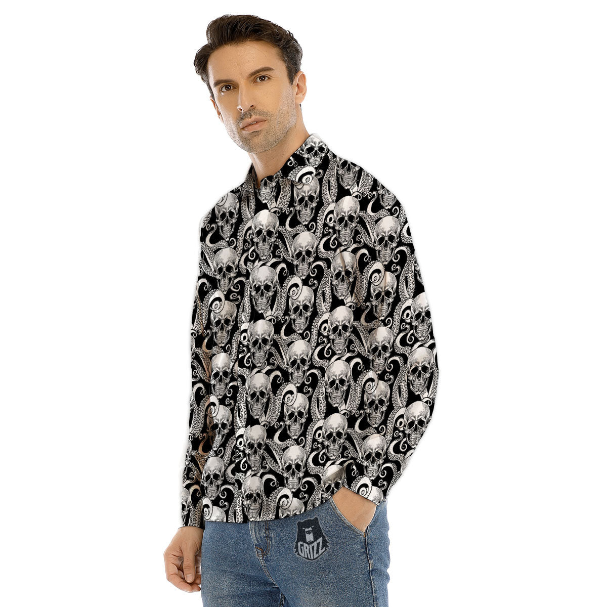 Skull Octopus Tentacles Print Pattern Men's Dress Shirts-grizzshop