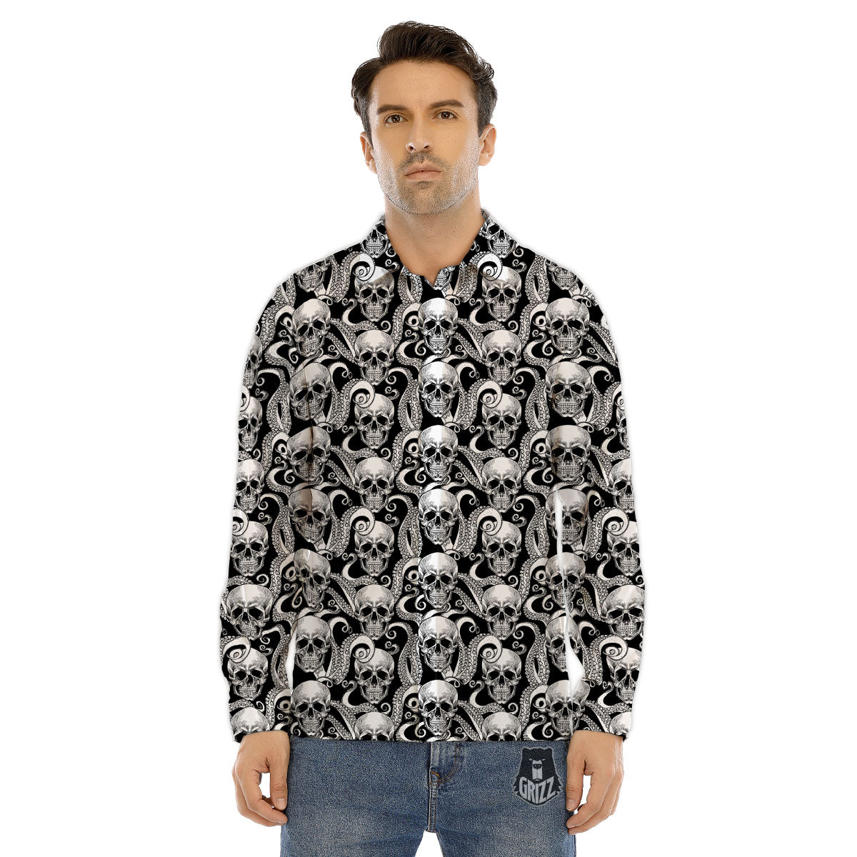 Skull Octopus Tentacles Print Pattern Men's Dress Shirts-grizzshop