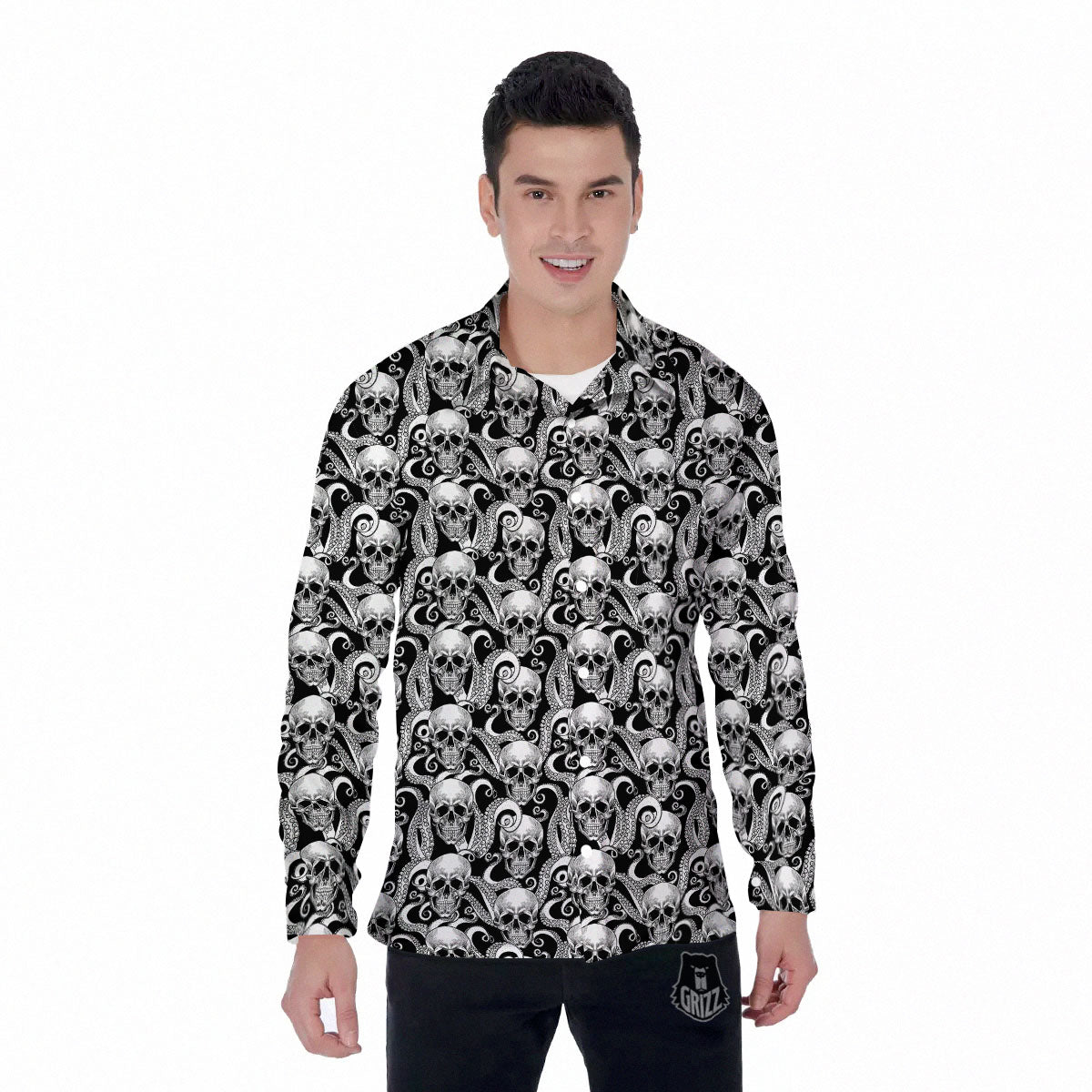 Skull Octopus Tentacles Print Pattern Men's Long Sleeve Shirts-grizzshop