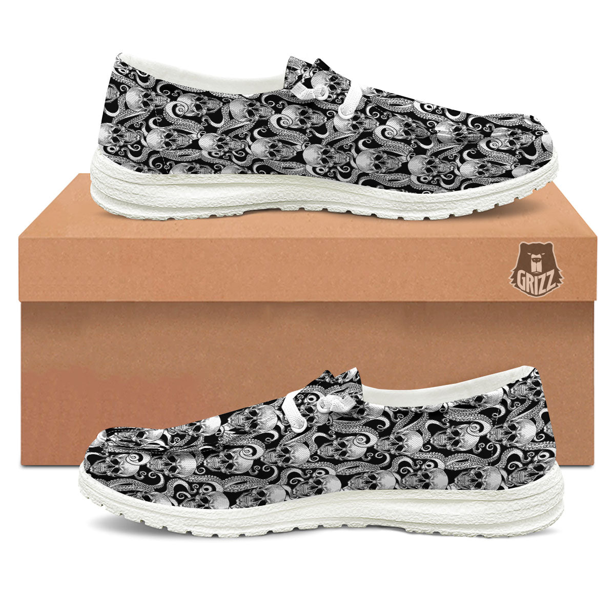 Skull Octopus Tentacles Print Pattern White Loafers-grizzshop