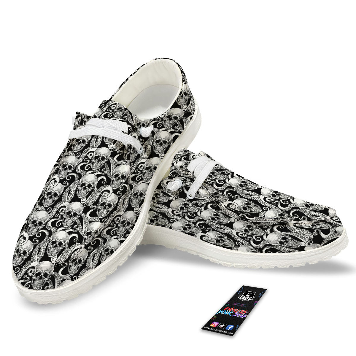 Skull Octopus Tentacles Print Pattern White Loafers-grizzshop