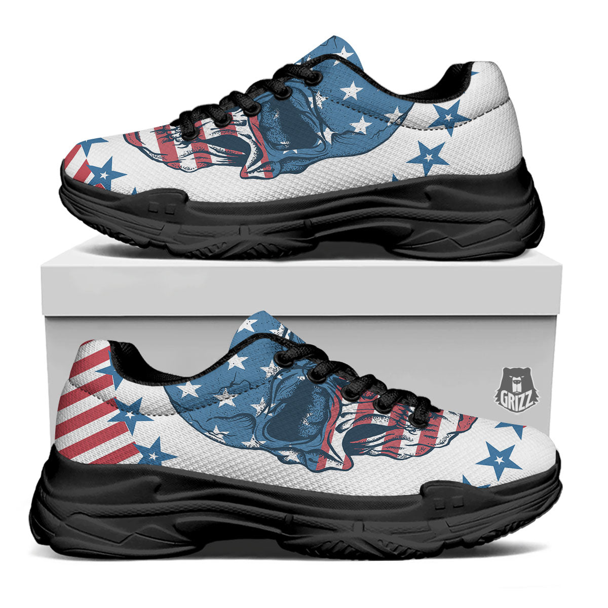 Skull Patriotic American Print Black Chunky Shoes-grizzshop