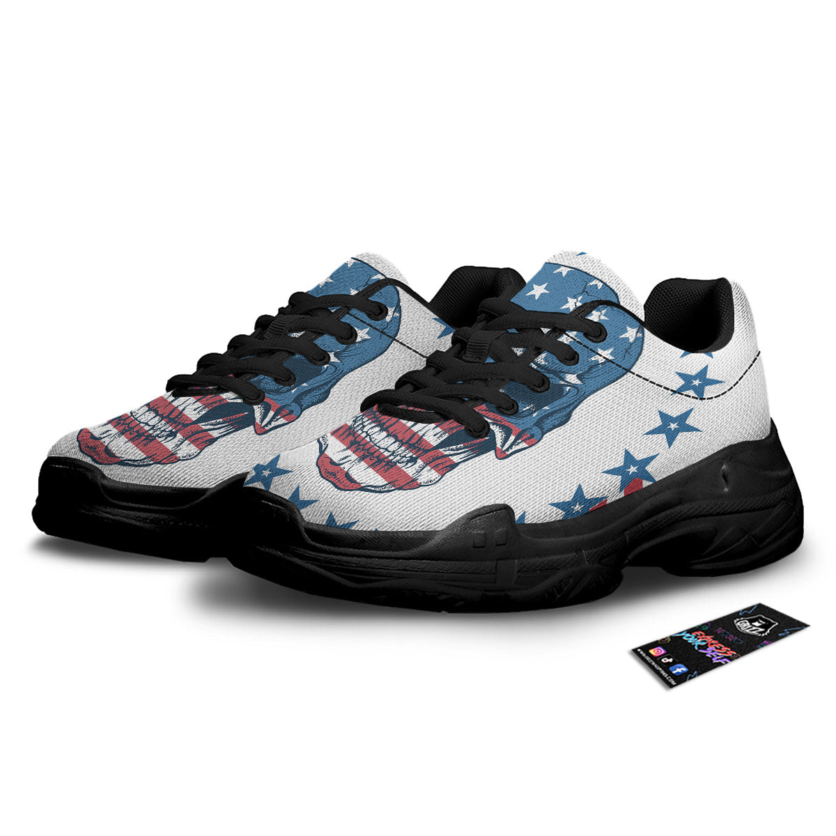 Skull Patriotic American Print Black Chunky Shoes-grizzshop