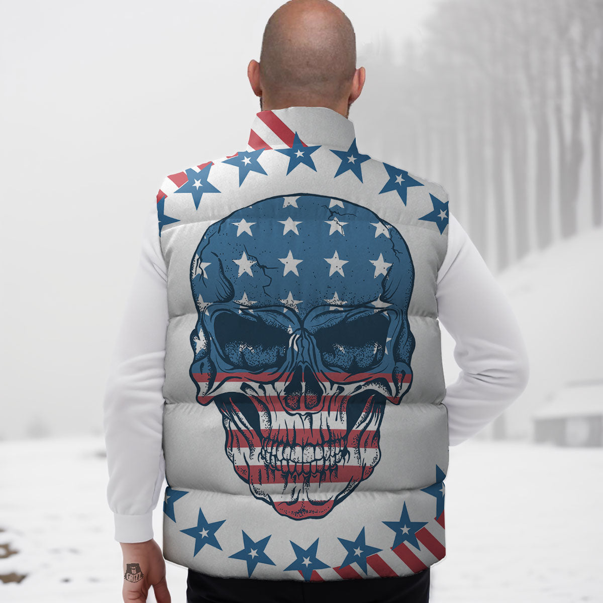 Skull Patriotic American Print Down Vest