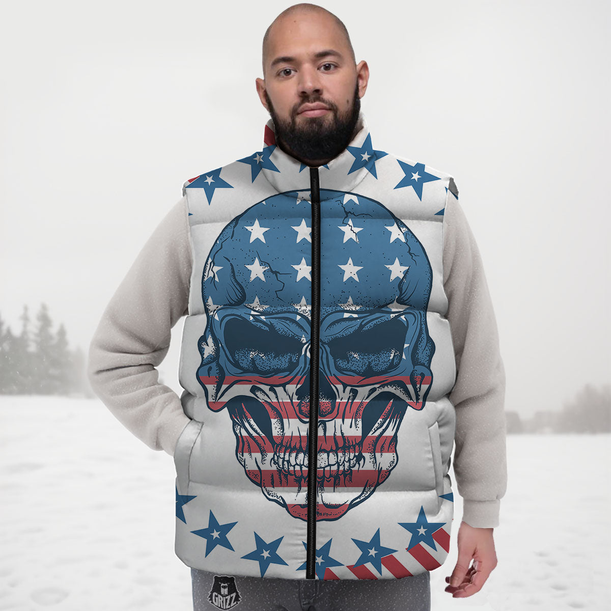 Skull Patriotic American Print Down Vest