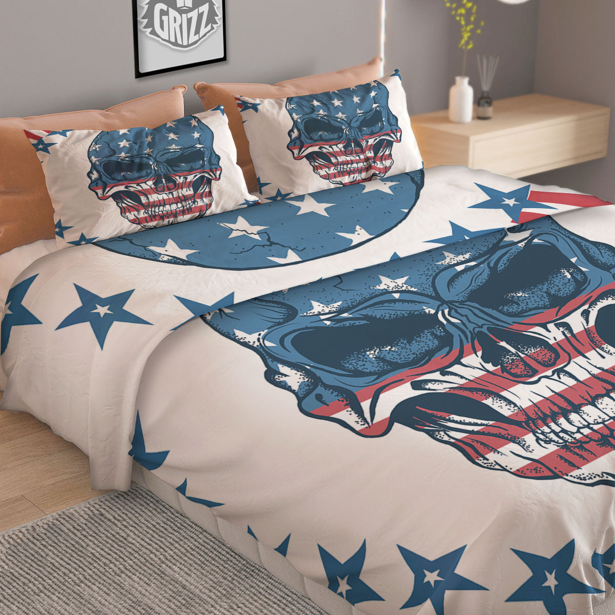Skull Patriotic American Print Duvet Cover Bedding Set