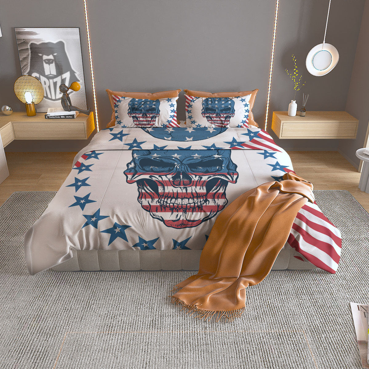 Skull Patriotic American Print Duvet Cover Bedding Set