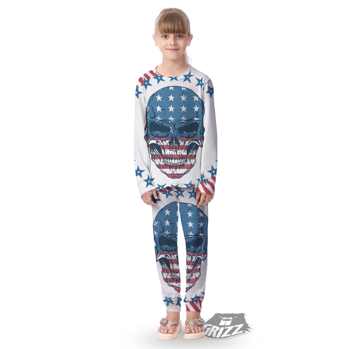 Skull Patriotic American Print Kid's Pajamas-grizzshop