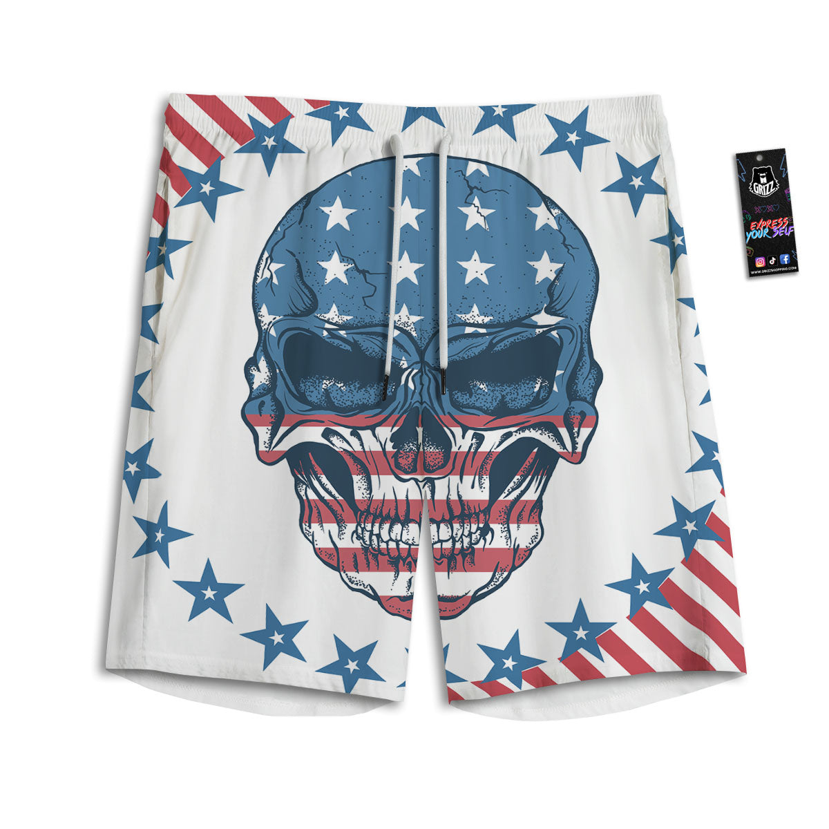 Skull Patriotic American Print Men's Athletic Shorts