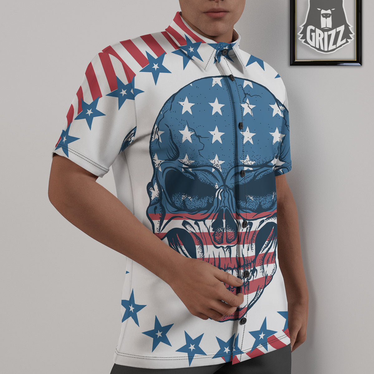 Skull Patriotic American Print Untucked Shirts-grizzshop