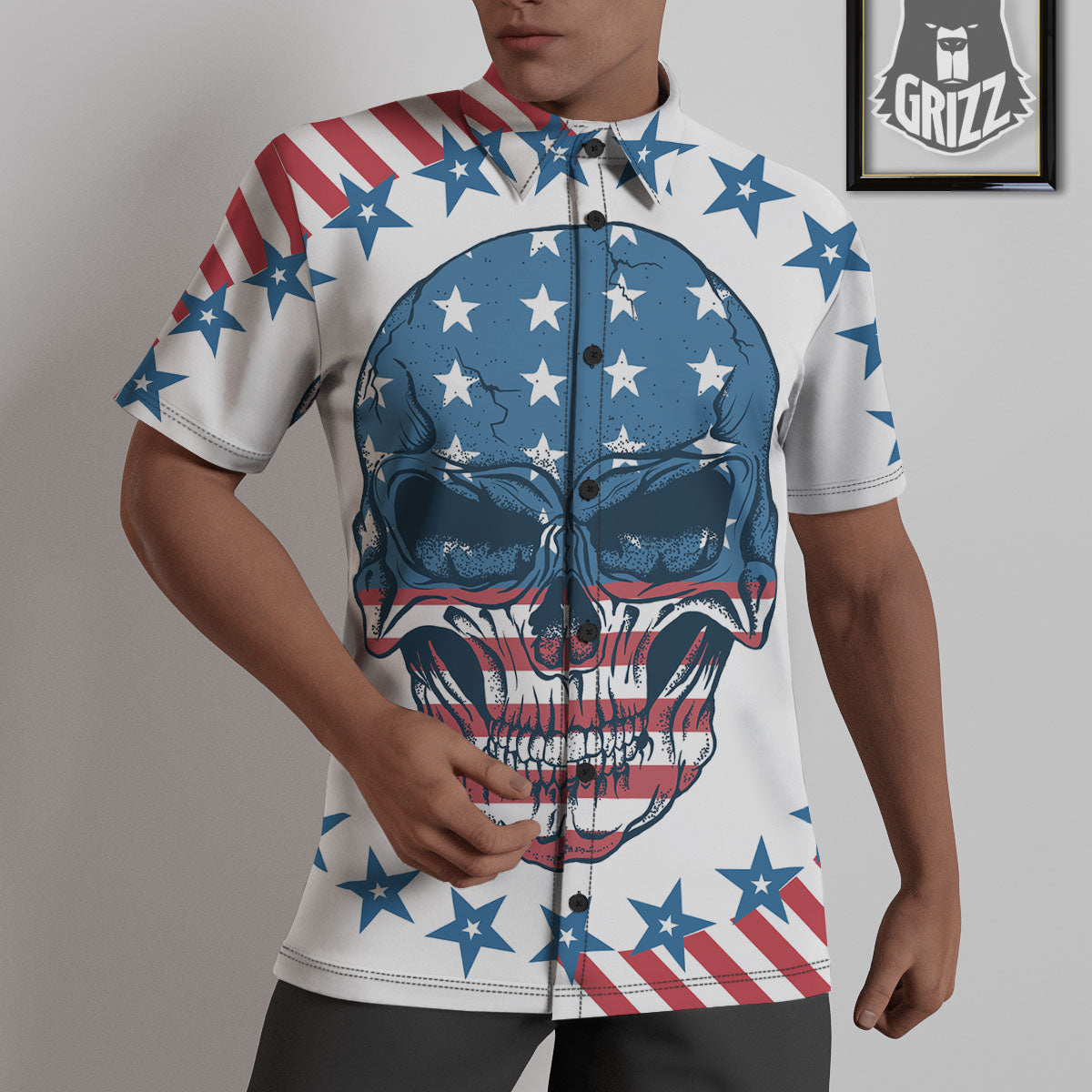 Skull Patriotic American Print Untucked Shirts-grizzshop
