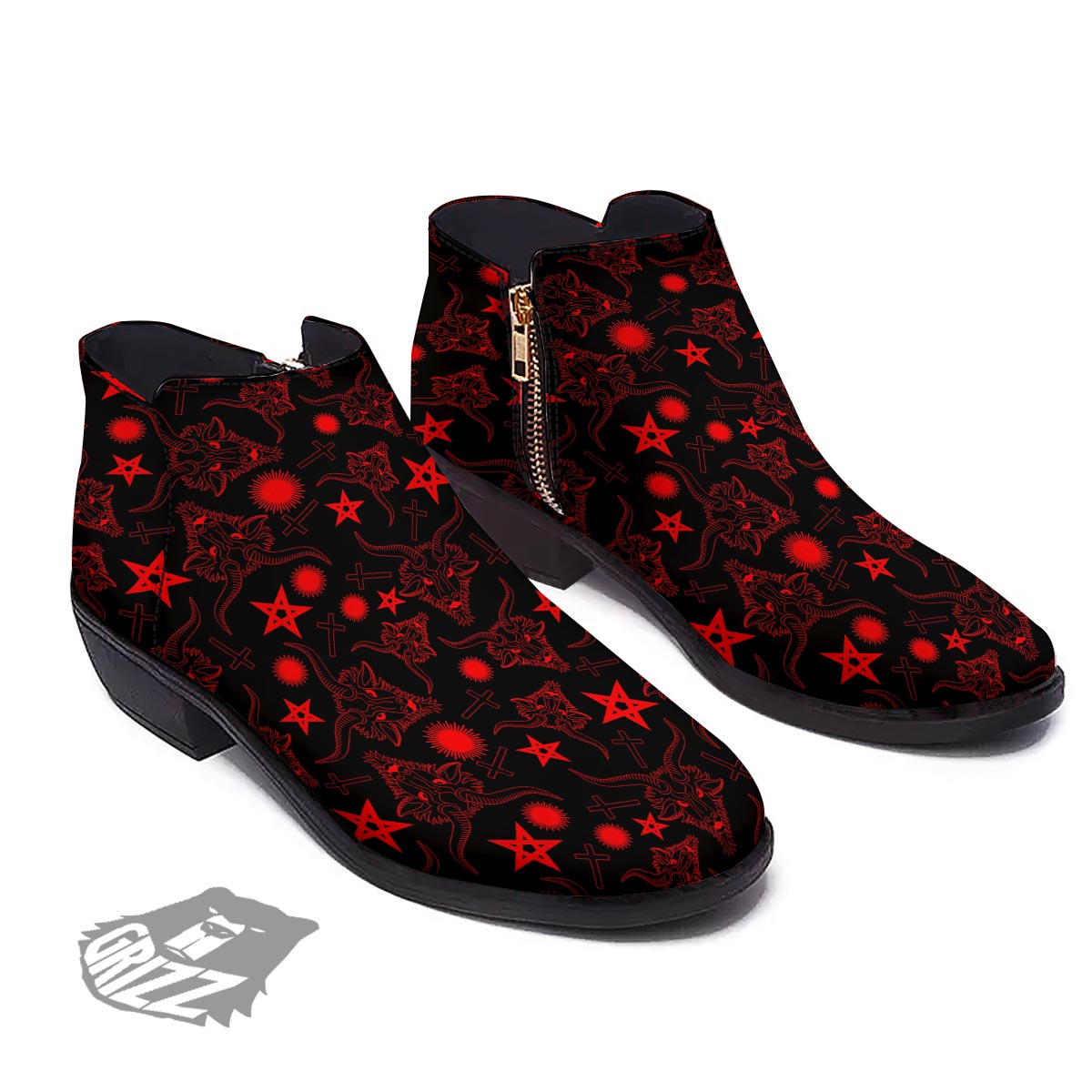 Skull Pentagram Satan Goat Print Pattern Ankle Boots-grizzshop
