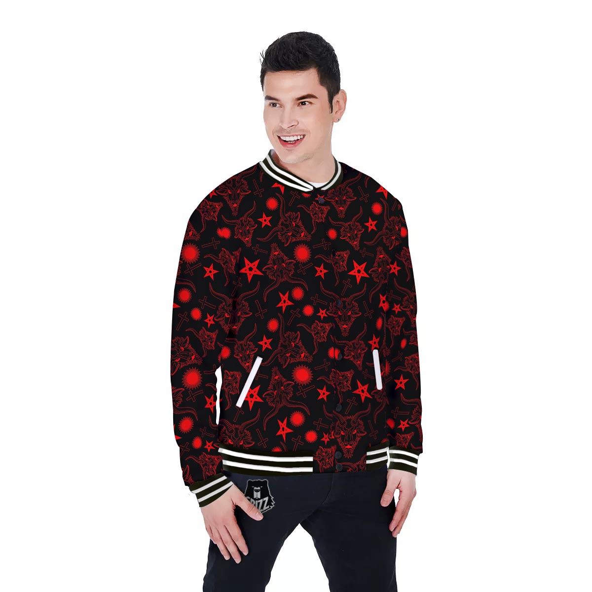 Skull Pentagram Satan Goat Print Pattern Baseball Jacket-grizzshop