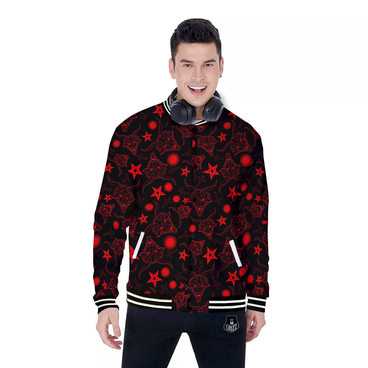 Skull Pentagram Satan Goat Print Pattern Baseball Jacket-grizzshop