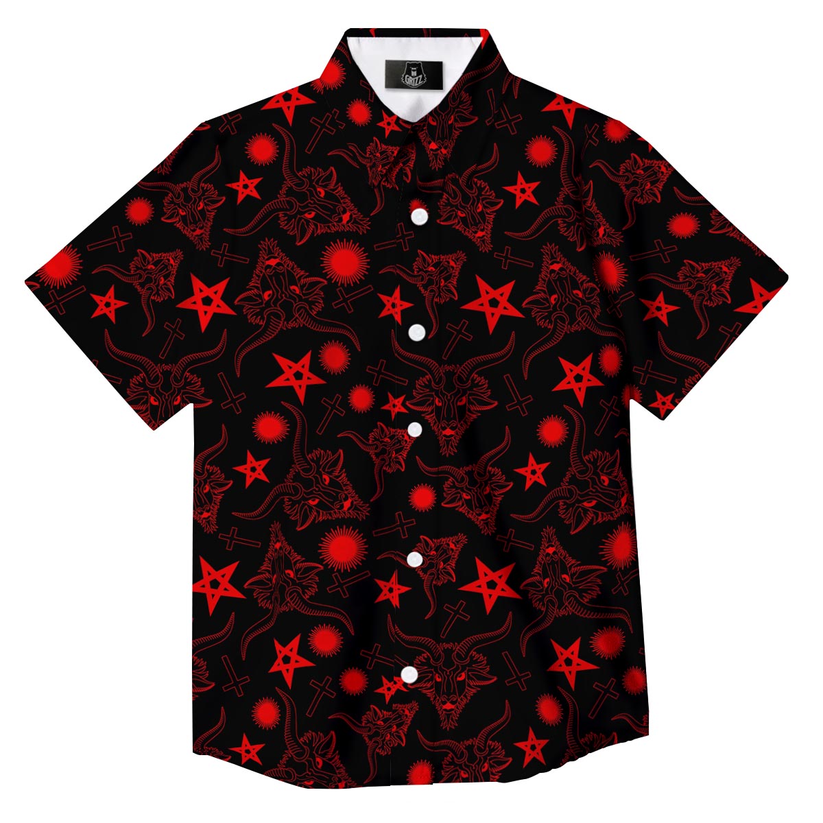 Skull Pentagram Satan Goat Print Pattern Button Up Shirt-grizzshop
