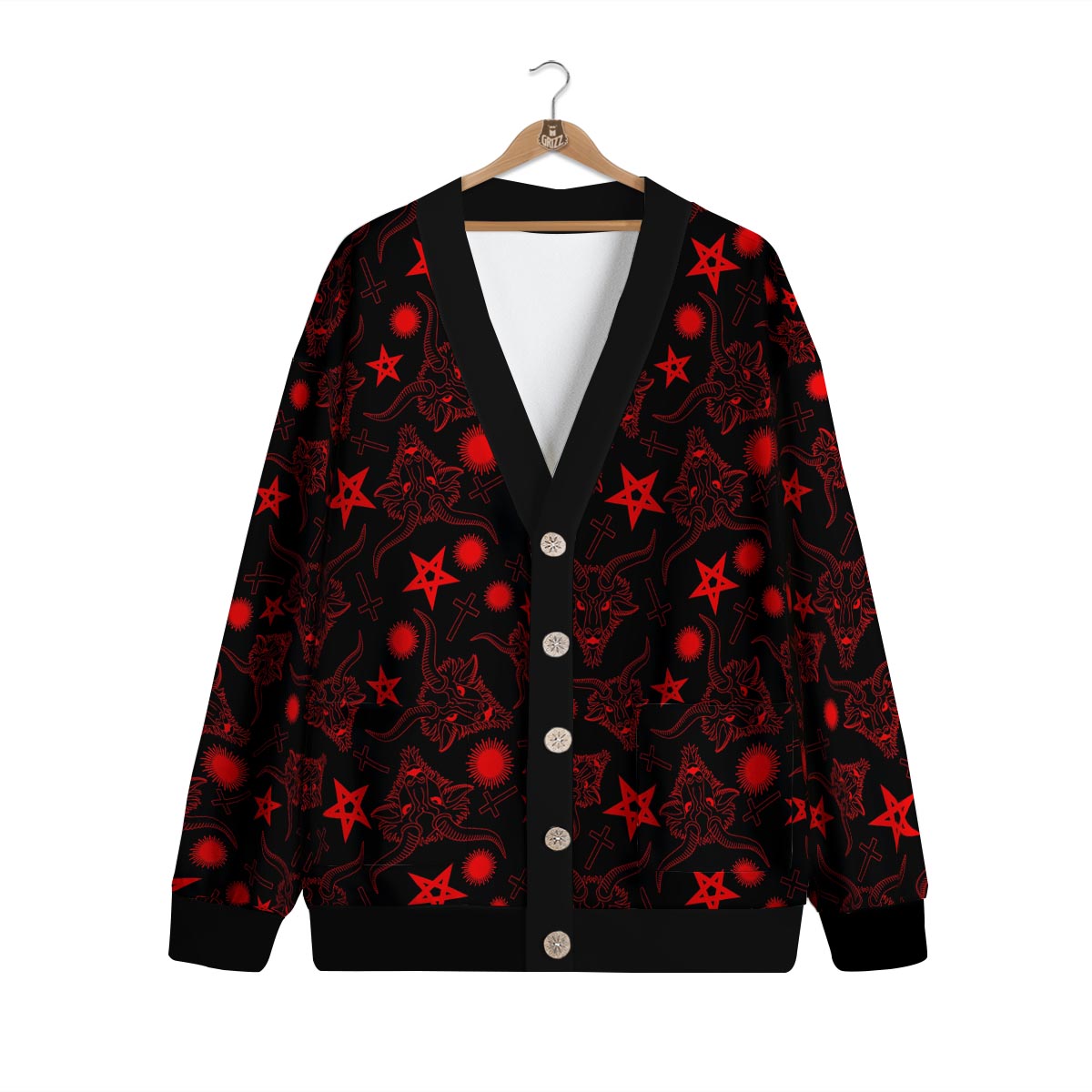 Skull Pentagram Satan Goat Print Pattern Cardigan-grizzshop