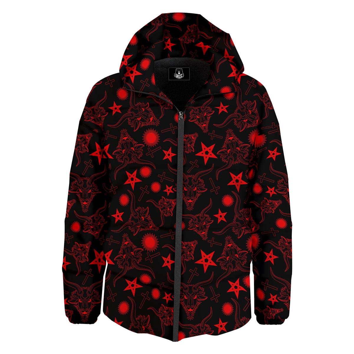 Skull Pentagram Satan Goat Print Pattern Down Jacket-grizzshop