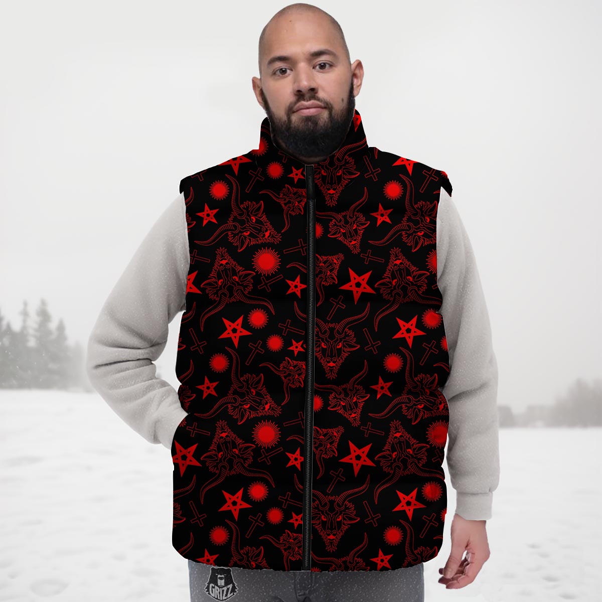 Skull Pentagram Satan Goat Print Pattern Down Vest