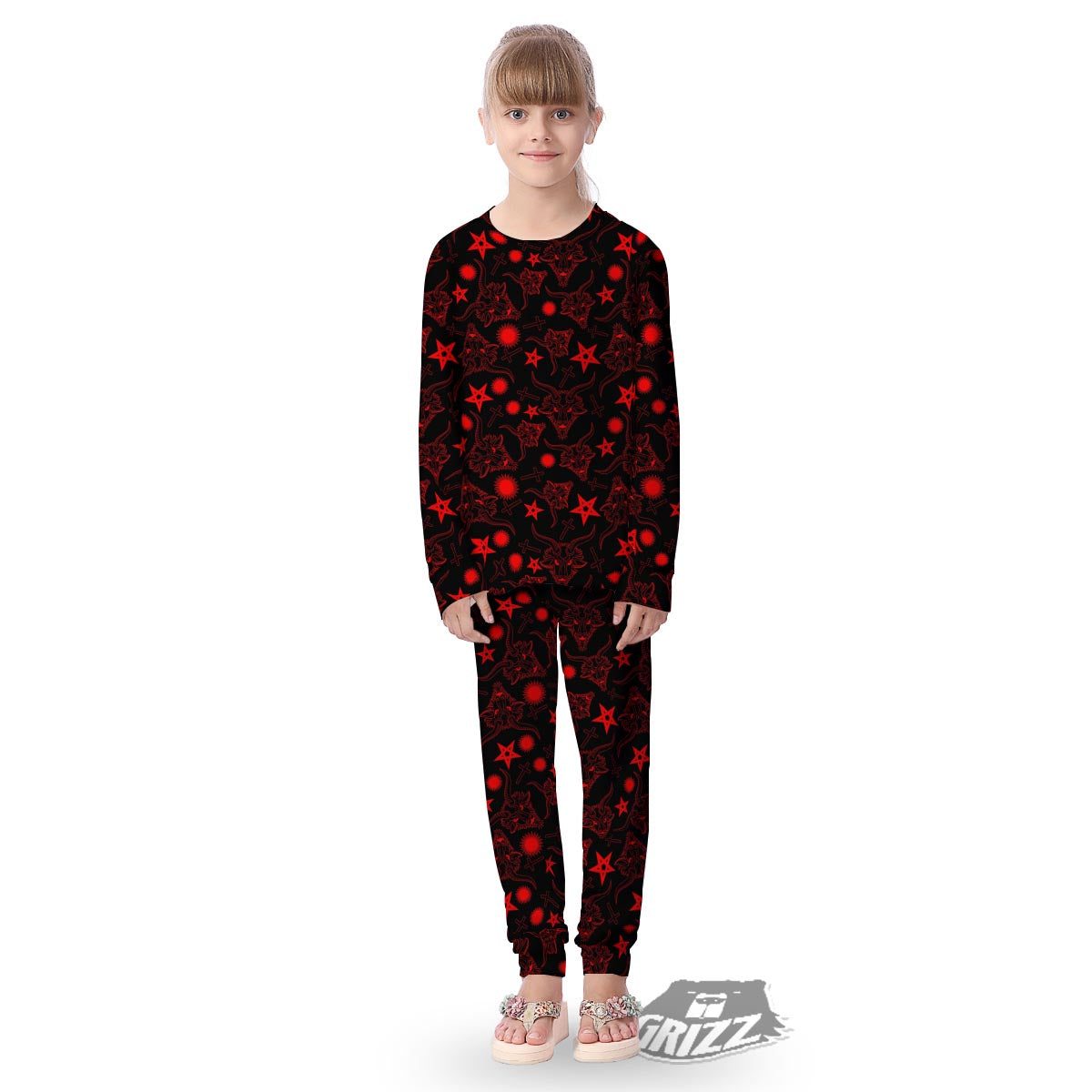 Skull Pentagram Satan Goat Print Pattern Kid's Pajamas-grizzshop