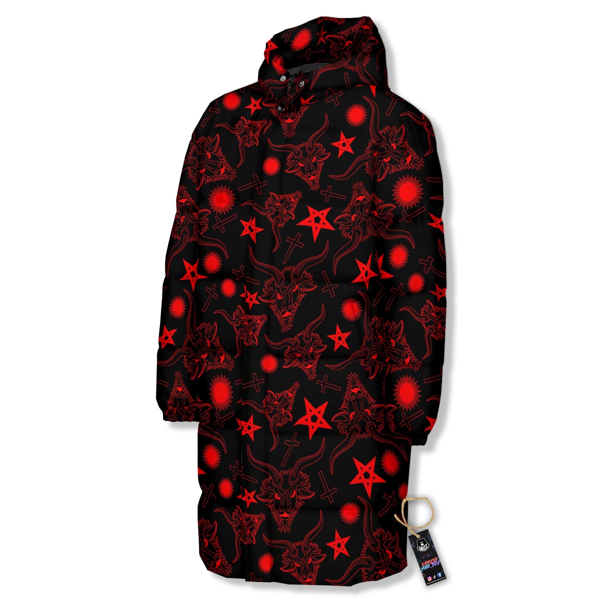 Skull Pentagram Satan Goat Print Pattern Long Down Jacket-grizzshop