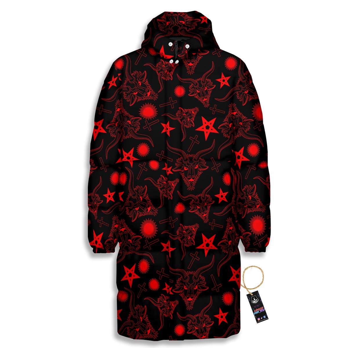 Skull Pentagram Satan Goat Print Pattern Long Down Jacket-grizzshop