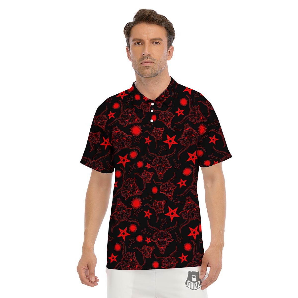 Skull Pentagram Satan Goat Print Pattern Men's Golf Shirts-grizzshop