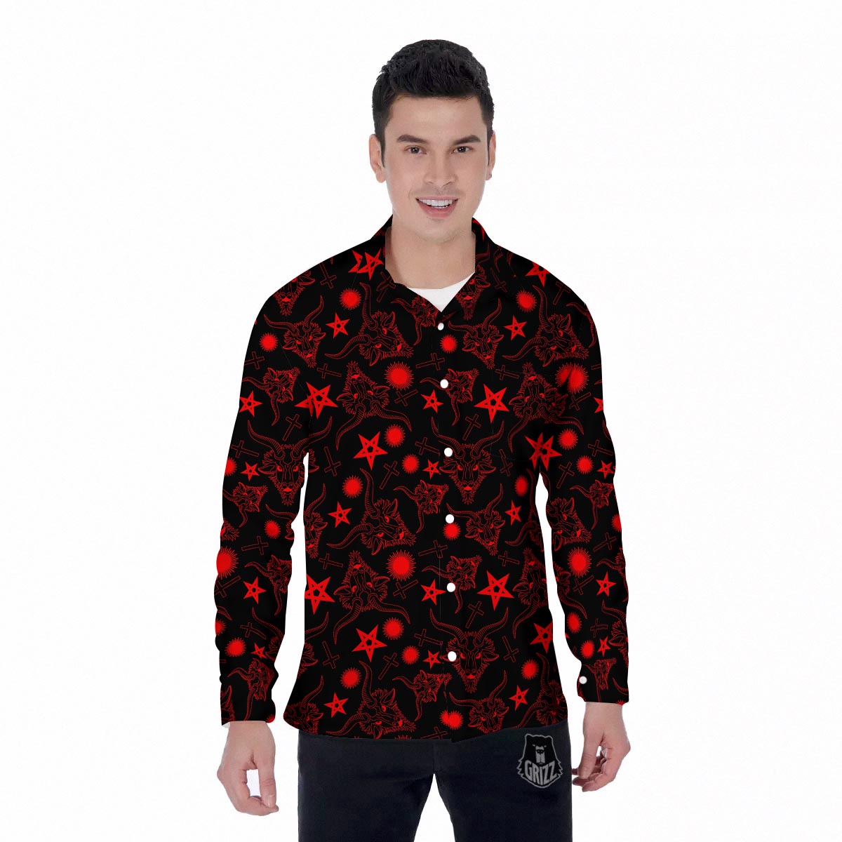 Skull Pentagram Satan Goat Print Pattern Men's Long Sleeve Shirts-grizzshop