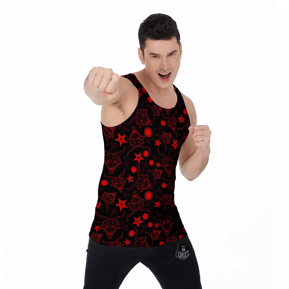 Skull Pentagram Satan Goat Print Pattern Men's Tank Top-grizzshop