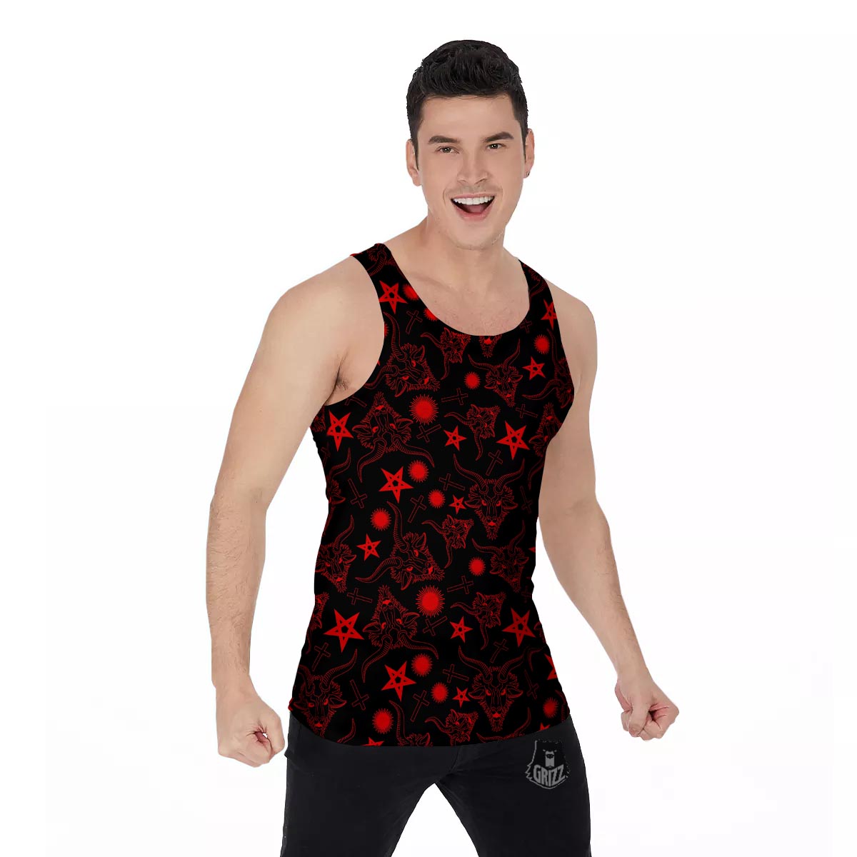 Skull Pentagram Satan Goat Print Pattern Men's Tank Top-grizzshop