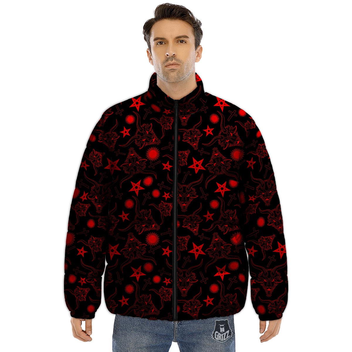 Skull Pentagram Satan Goat Print Pattern Puffer Jacket-grizzshop