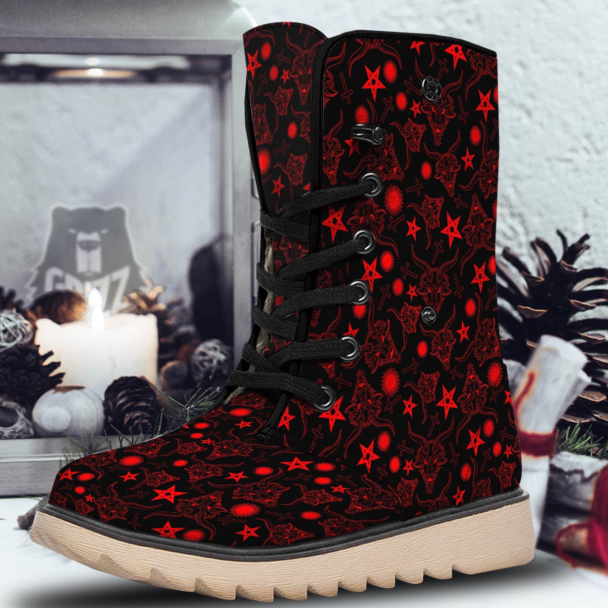 Skull Pentagram Satan Goat Print Pattern Snow Boots-grizzshop