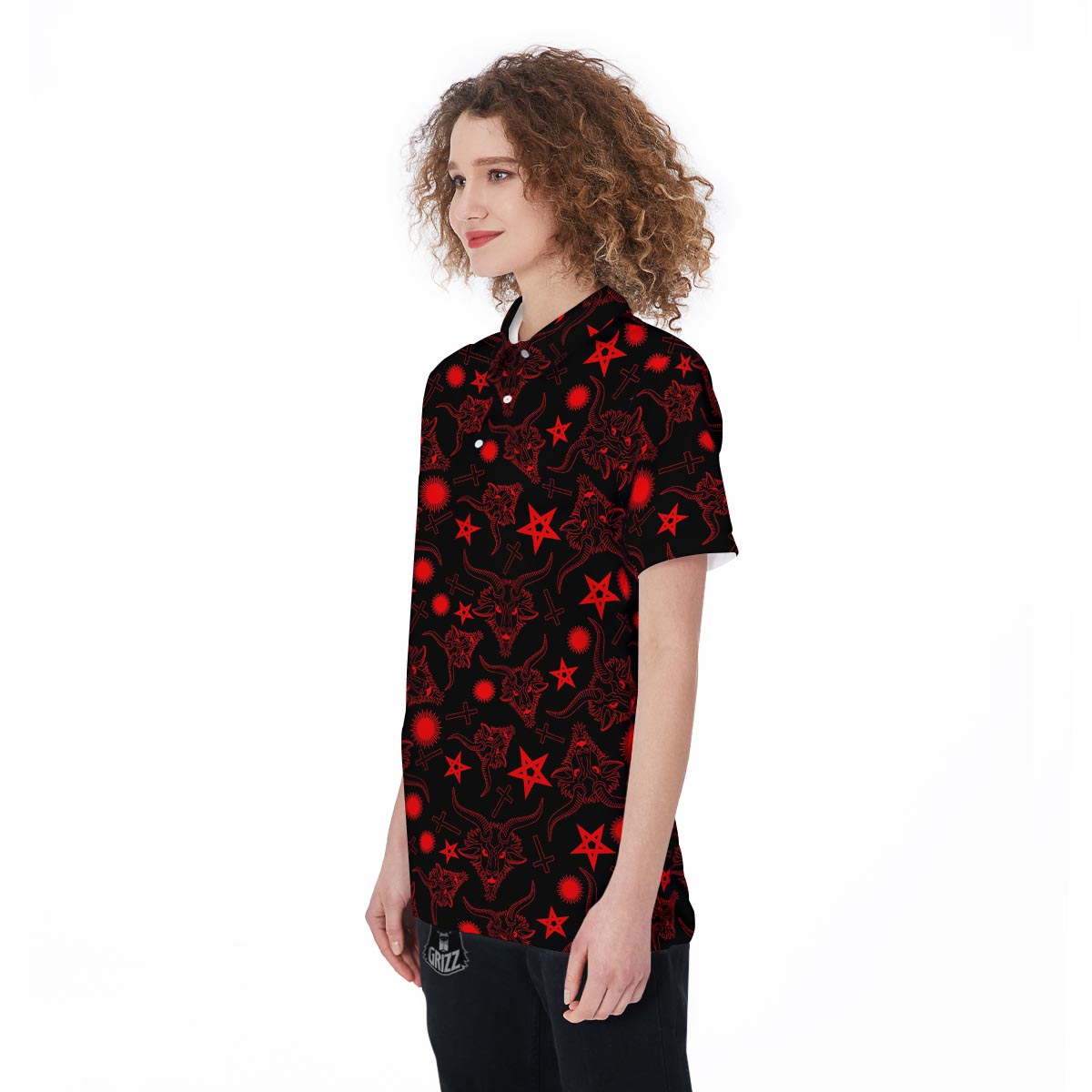 Skull Pentagram Satan Goat Print Pattern Women's Golf Shirts-grizzshop