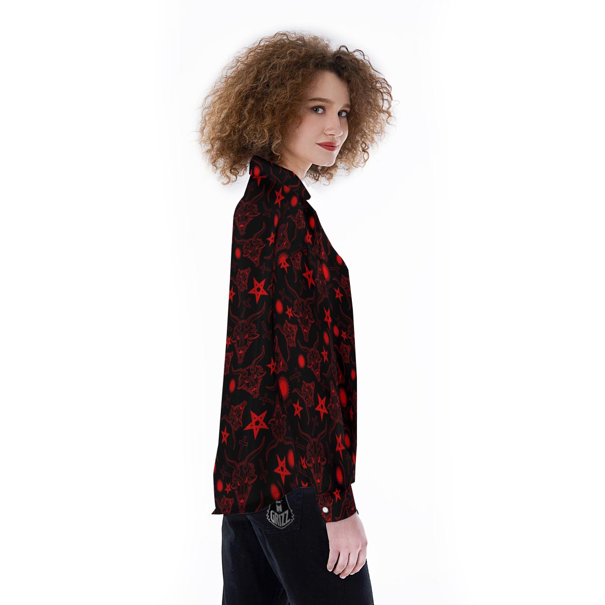 Skull Pentagram Satan Goat Print Pattern Women's Long Sleeve Shirts-grizzshop