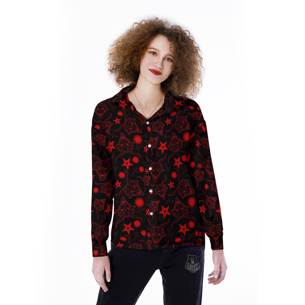 Skull Pentagram Satan Goat Print Pattern Women's Long Sleeve Shirts-grizzshop