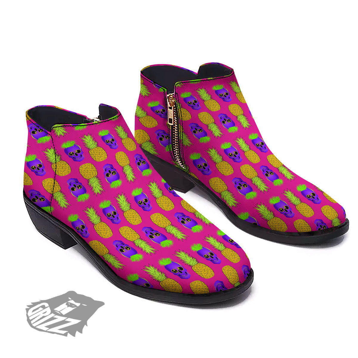Skull Pineapple Print Pattern Ankle Boots-grizzshop