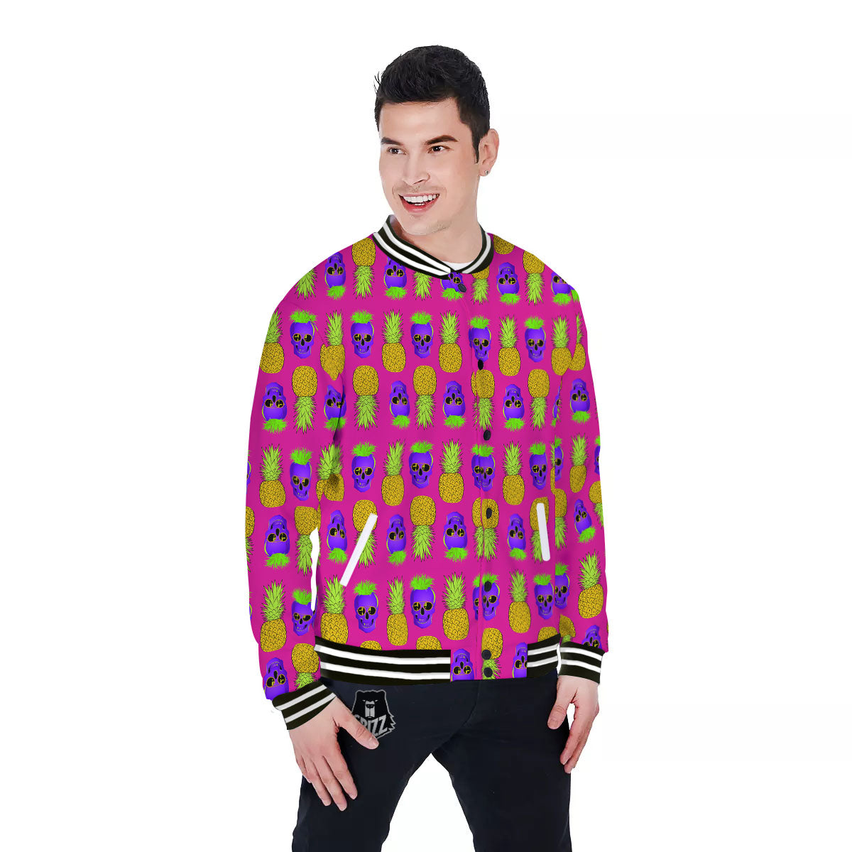 Skull Pineapple Print Pattern Baseball Jacket-grizzshop