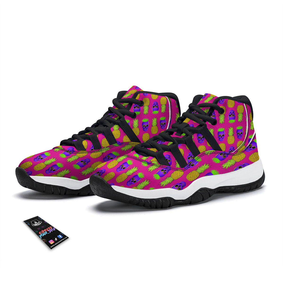 Skull Pineapple Print Pattern Black Bball Shoes-grizzshop